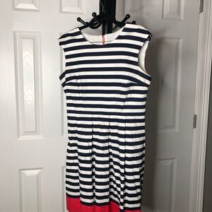 Sandra Darren Striped Navy &White Dress with Carnation Pink Hem, Size 10 Petite